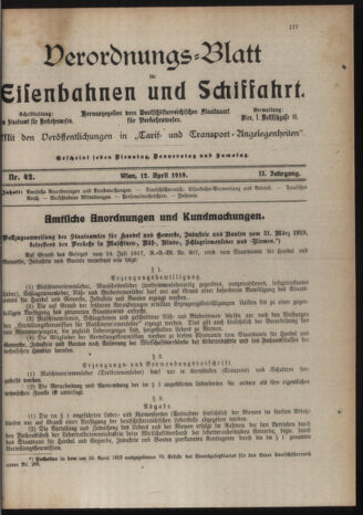 Verordnungs-Blatt für Eisenbahnen und Schiffahrt: Veröffentlichungen in Tarif- und Transport-Angelegenheiten 19190412 Seite: 1