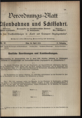 Verordnungs-Blatt für Eisenbahnen und Schiffahrt: Veröffentlichungen in Tarif- und Transport-Angelegenheiten 19190426 Seite: 1