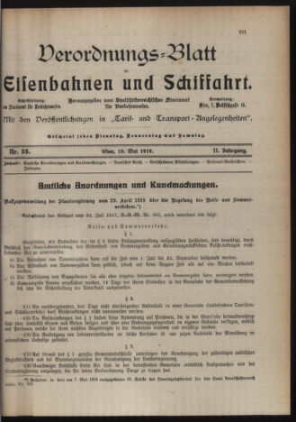 Verordnungs-Blatt für Eisenbahnen und Schiffahrt: Veröffentlichungen in Tarif- und Transport-Angelegenheiten 19190510 Seite: 1