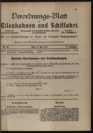 Verordnungs-Blatt für Eisenbahnen und Schiffahrt: Veröffentlichungen in Tarif- und Transport-Angelegenheiten 19190517 Seite: 1