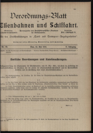 Verordnungs-Blatt für Eisenbahnen und Schiffahrt: Veröffentlichungen in Tarif- und Transport-Angelegenheiten 19190522 Seite: 1