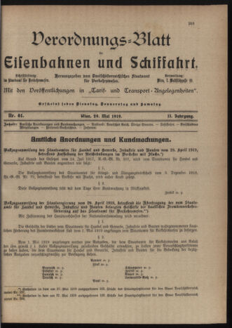 Verordnungs-Blatt für Eisenbahnen und Schiffahrt: Veröffentlichungen in Tarif- und Transport-Angelegenheiten 19190529 Seite: 1