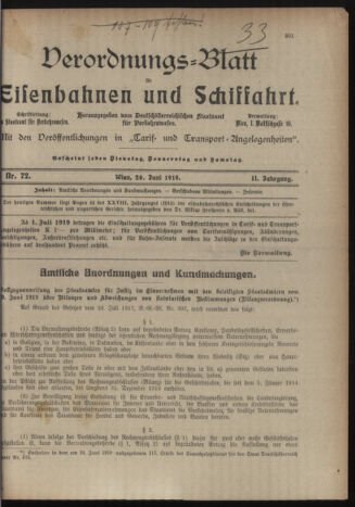 Verordnungs-Blatt für Eisenbahnen und Schiffahrt: Veröffentlichungen in Tarif- und Transport-Angelegenheiten 19190626 Seite: 1