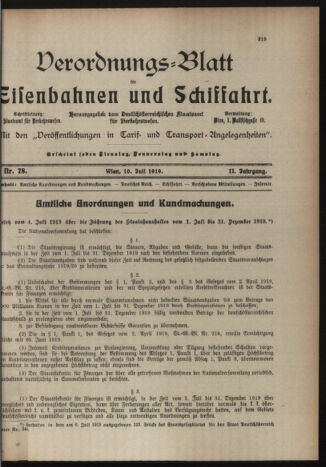 Verordnungs-Blatt für Eisenbahnen und Schiffahrt: Veröffentlichungen in Tarif- und Transport-Angelegenheiten 19190710 Seite: 1