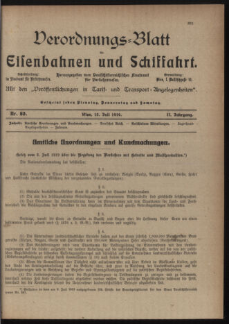 Verordnungs-Blatt für Eisenbahnen und Schiffahrt: Veröffentlichungen in Tarif- und Transport-Angelegenheiten 19190715 Seite: 1