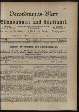 Verordnungs-Blatt für Eisenbahnen und Schiffahrt: Veröffentlichungen in Tarif- und Transport-Angelegenheiten 19190807 Seite: 1