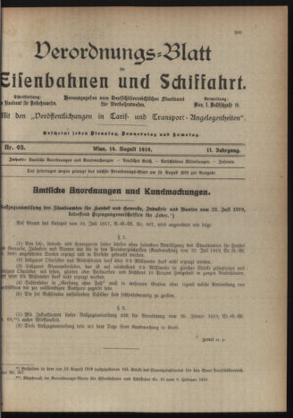 Verordnungs-Blatt für Eisenbahnen und Schiffahrt: Veröffentlichungen in Tarif- und Transport-Angelegenheiten 19190814 Seite: 1