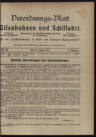 Verordnungs-Blatt für Eisenbahnen und Schiffahrt: Veröffentlichungen in Tarif- und Transport-Angelegenheiten 19190819 Seite: 1