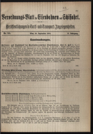 Verordnungs-Blatt für Eisenbahnen und Schiffahrt: Veröffentlichungen in Tarif- und Transport-Angelegenheiten 19190930 Seite: 1