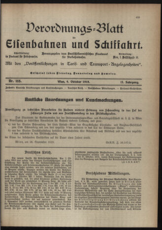 Verordnungs-Blatt für Eisenbahnen und Schiffahrt: Veröffentlichungen in Tarif- und Transport-Angelegenheiten 19191009 Seite: 1