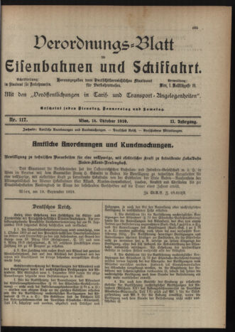 Verordnungs-Blatt für Eisenbahnen und Schiffahrt: Veröffentlichungen in Tarif- und Transport-Angelegenheiten 19191014 Seite: 1