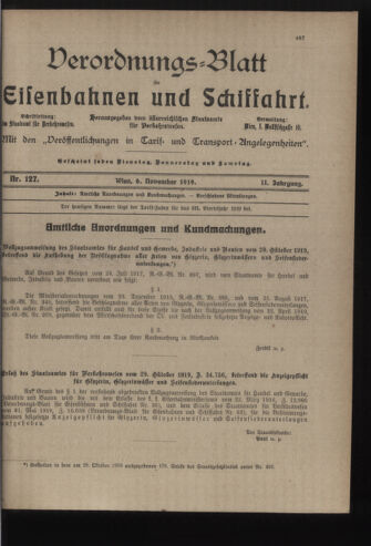 Verordnungs-Blatt für Eisenbahnen und Schiffahrt: Veröffentlichungen in Tarif- und Transport-Angelegenheiten 19191106 Seite: 1