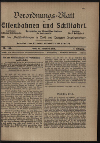 Verordnungs-Blatt für Eisenbahnen und Schiffahrt: Veröffentlichungen in Tarif- und Transport-Angelegenheiten 19191122 Seite: 1