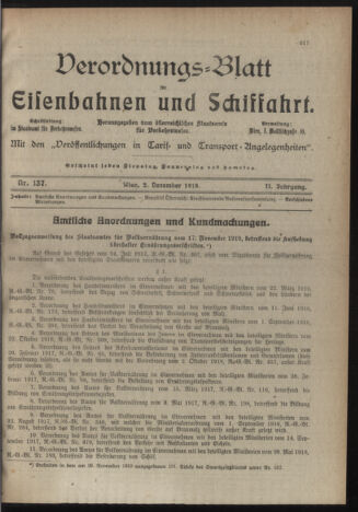 Verordnungs-Blatt für Eisenbahnen und Schiffahrt: Veröffentlichungen in Tarif- und Transport-Angelegenheiten 19191202 Seite: 1