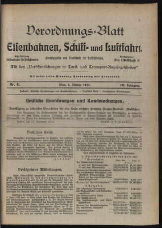 Verordnungs-Blatt für Eisenbahnen und Schiffahrt: Veröffentlichungen in Tarif- und Transport-Angelegenheiten 19200108 Seite: 1