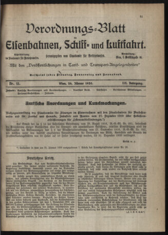 Verordnungs-Blatt für Eisenbahnen und Schiffahrt: Veröffentlichungen in Tarif- und Transport-Angelegenheiten 19200124 Seite: 1