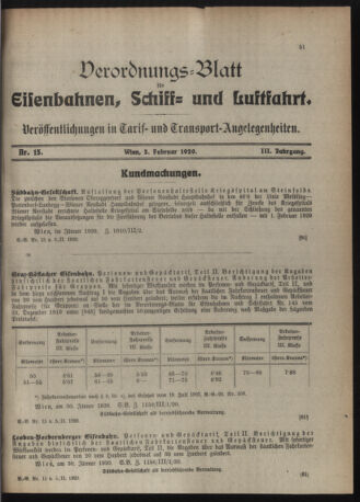 Verordnungs-Blatt für Eisenbahnen und Schiffahrt: Veröffentlichungen in Tarif- und Transport-Angelegenheiten 19200205 Seite: 1