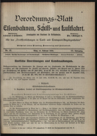 Verordnungs-Blatt für Eisenbahnen und Schiffahrt: Veröffentlichungen in Tarif- und Transport-Angelegenheiten 19200210 Seite: 1