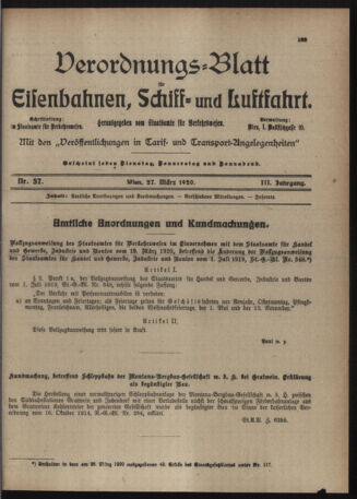 Verordnungs-Blatt für Eisenbahnen und Schiffahrt: Veröffentlichungen in Tarif- und Transport-Angelegenheiten 19200327 Seite: 1