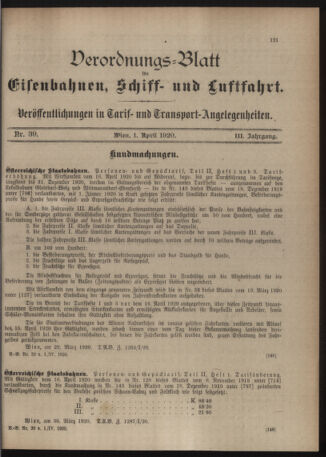 Verordnungs-Blatt für Eisenbahnen und Schiffahrt: Veröffentlichungen in Tarif- und Transport-Angelegenheiten 19200401 Seite: 1