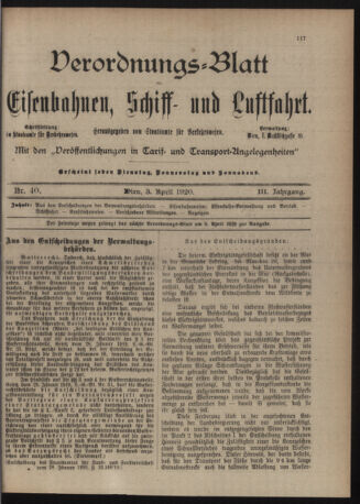 Verordnungs-Blatt für Eisenbahnen und Schiffahrt: Veröffentlichungen in Tarif- und Transport-Angelegenheiten 19200403 Seite: 1