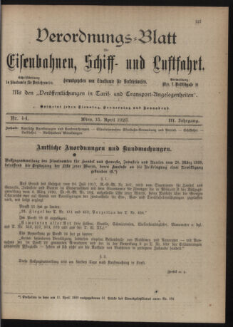 Verordnungs-Blatt für Eisenbahnen und Schiffahrt: Veröffentlichungen in Tarif- und Transport-Angelegenheiten 19200415 Seite: 1