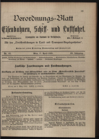 Verordnungs-Blatt für Eisenbahnen und Schiffahrt: Veröffentlichungen in Tarif- und Transport-Angelegenheiten 19200417 Seite: 1