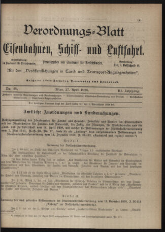 Verordnungs-Blatt für Eisenbahnen und Schiffahrt: Veröffentlichungen in Tarif- und Transport-Angelegenheiten 19200427 Seite: 1