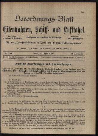 Verordnungs-Blatt für Eisenbahnen und Schiffahrt: Veröffentlichungen in Tarif- und Transport-Angelegenheiten 19200429 Seite: 1