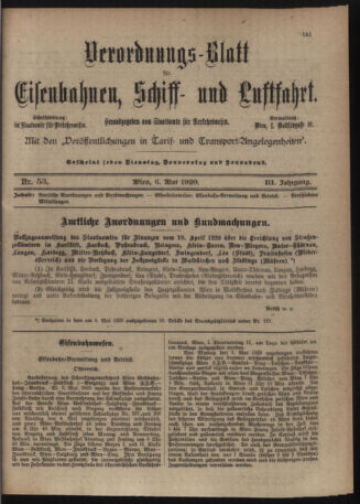 Verordnungs-Blatt für Eisenbahnen und Schiffahrt: Veröffentlichungen in Tarif- und Transport-Angelegenheiten 19200506 Seite: 1