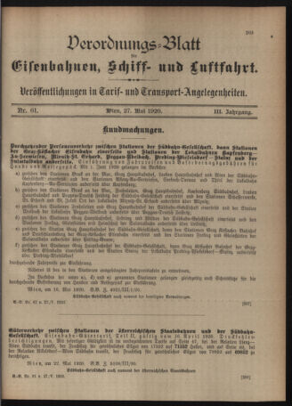 Verordnungs-Blatt für Eisenbahnen und Schiffahrt: Veröffentlichungen in Tarif- und Transport-Angelegenheiten 19200527 Seite: 1