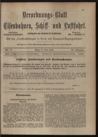 Verordnungs-Blatt für Eisenbahnen und Schiffahrt: Veröffentlichungen in Tarif- und Transport-Angelegenheiten 19200617 Seite: 1