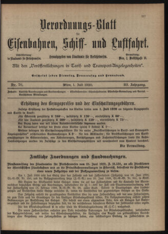 Verordnungs-Blatt für Eisenbahnen und Schiffahrt: Veröffentlichungen in Tarif- und Transport-Angelegenheiten 19200701 Seite: 1