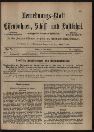 Verordnungs-Blatt für Eisenbahnen und Schiffahrt: Veröffentlichungen in Tarif- und Transport-Angelegenheiten 19200706 Seite: 1