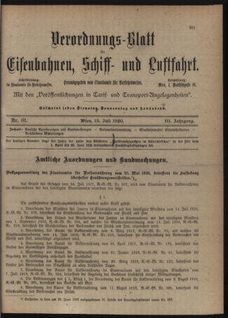 Verordnungs-Blatt für Eisenbahnen und Schiffahrt: Veröffentlichungen in Tarif- und Transport-Angelegenheiten 19200713 Seite: 1