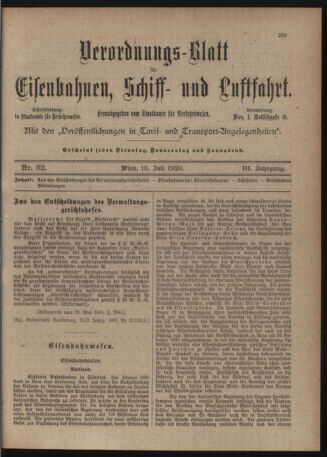 Verordnungs-Blatt für Eisenbahnen und Schiffahrt: Veröffentlichungen in Tarif- und Transport-Angelegenheiten 19200715 Seite: 1