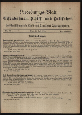 Verordnungs-Blatt für Eisenbahnen und Schiffahrt: Veröffentlichungen in Tarif- und Transport-Angelegenheiten 19200720 Seite: 1