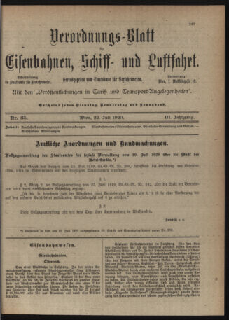 Verordnungs-Blatt für Eisenbahnen und Schiffahrt: Veröffentlichungen in Tarif- und Transport-Angelegenheiten 19200722 Seite: 1