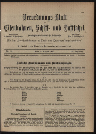 Verordnungs-Blatt für Eisenbahnen und Schiffahrt: Veröffentlichungen in Tarif- und Transport-Angelegenheiten 19200805 Seite: 1