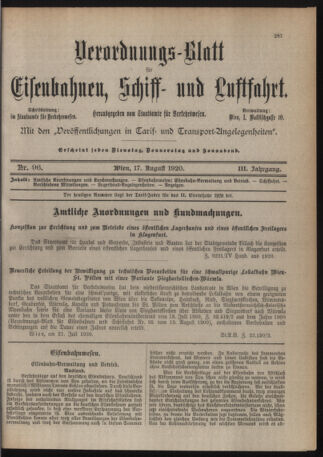 Verordnungs-Blatt für Eisenbahnen und Schiffahrt: Veröffentlichungen in Tarif- und Transport-Angelegenheiten 19200817 Seite: 1