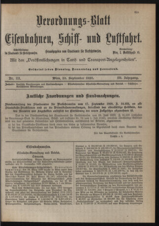 Verordnungs-Blatt für Eisenbahnen und Schiffahrt: Veröffentlichungen in Tarif- und Transport-Angelegenheiten 19200923 Seite: 1