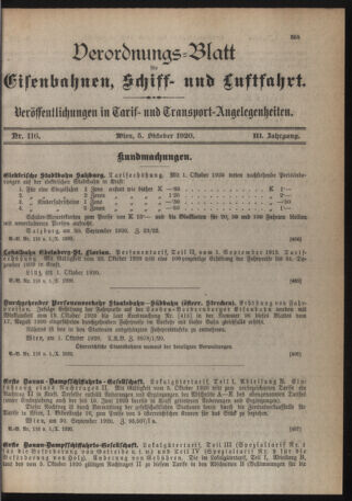 Verordnungs-Blatt für Eisenbahnen und Schiffahrt: Veröffentlichungen in Tarif- und Transport-Angelegenheiten 19201005 Seite: 1