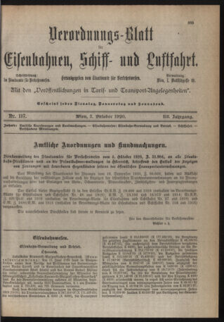 Verordnungs-Blatt für Eisenbahnen und Schiffahrt: Veröffentlichungen in Tarif- und Transport-Angelegenheiten 19201007 Seite: 1