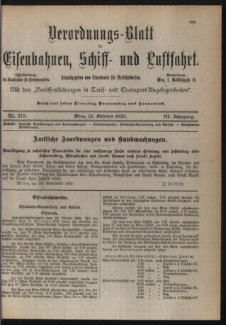 Verordnungs-Blatt für Eisenbahnen und Schiffahrt: Veröffentlichungen in Tarif- und Transport-Angelegenheiten 19201012 Seite: 1