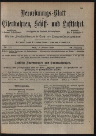 Verordnungs-Blatt für Eisenbahnen und Schiffahrt: Veröffentlichungen in Tarif- und Transport-Angelegenheiten 19201019 Seite: 1