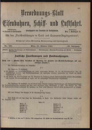 Verordnungs-Blatt für Eisenbahnen und Schiffahrt: Veröffentlichungen in Tarif- und Transport-Angelegenheiten 19201028 Seite: 1