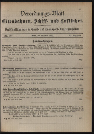 Verordnungs-Blatt für Eisenbahnen und Schiffahrt: Veröffentlichungen in Tarif- und Transport-Angelegenheiten 19201030 Seite: 1