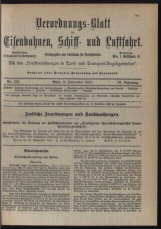 Verordnungs-Blatt für Eisenbahnen und Schiffahrt: Veröffentlichungen in Tarif- und Transport-Angelegenheiten 19201111 Seite: 1