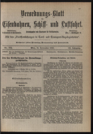 Verordnungs-Blatt für Eisenbahnen und Schiffahrt: Veröffentlichungen in Tarif- und Transport-Angelegenheiten 19201118 Seite: 1