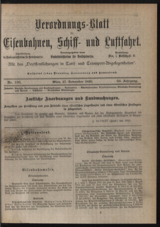 Verordnungs-Blatt für Eisenbahnen und Schiffahrt: Veröffentlichungen in Tarif- und Transport-Angelegenheiten 19201127 Seite: 1